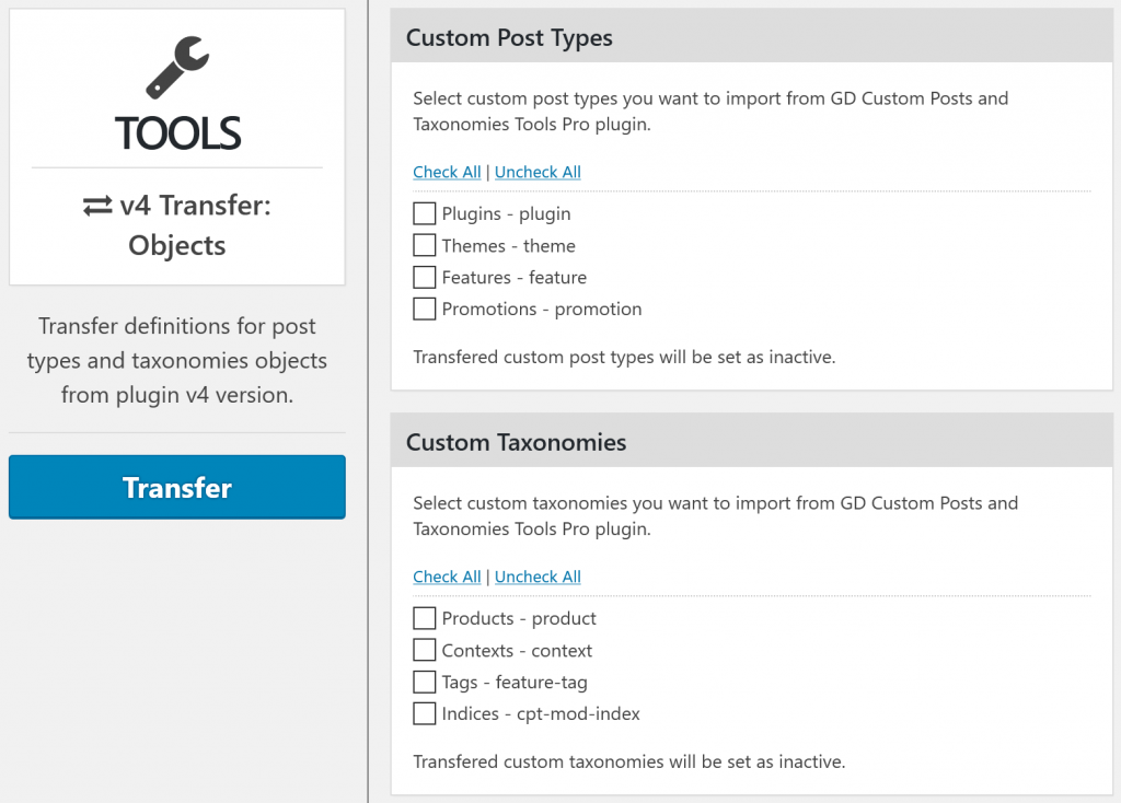 Transfer Objects Panel