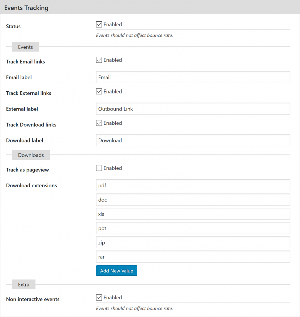 Events tracking settings