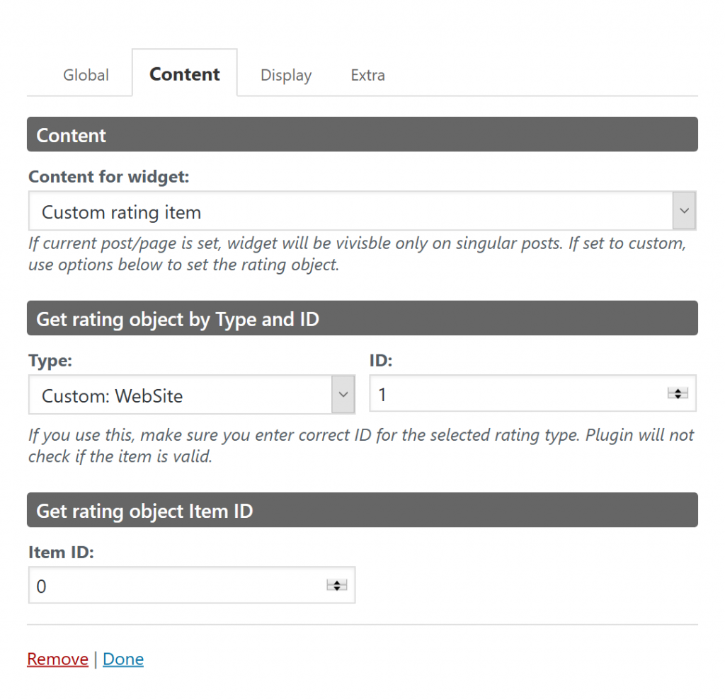 Widget content settings