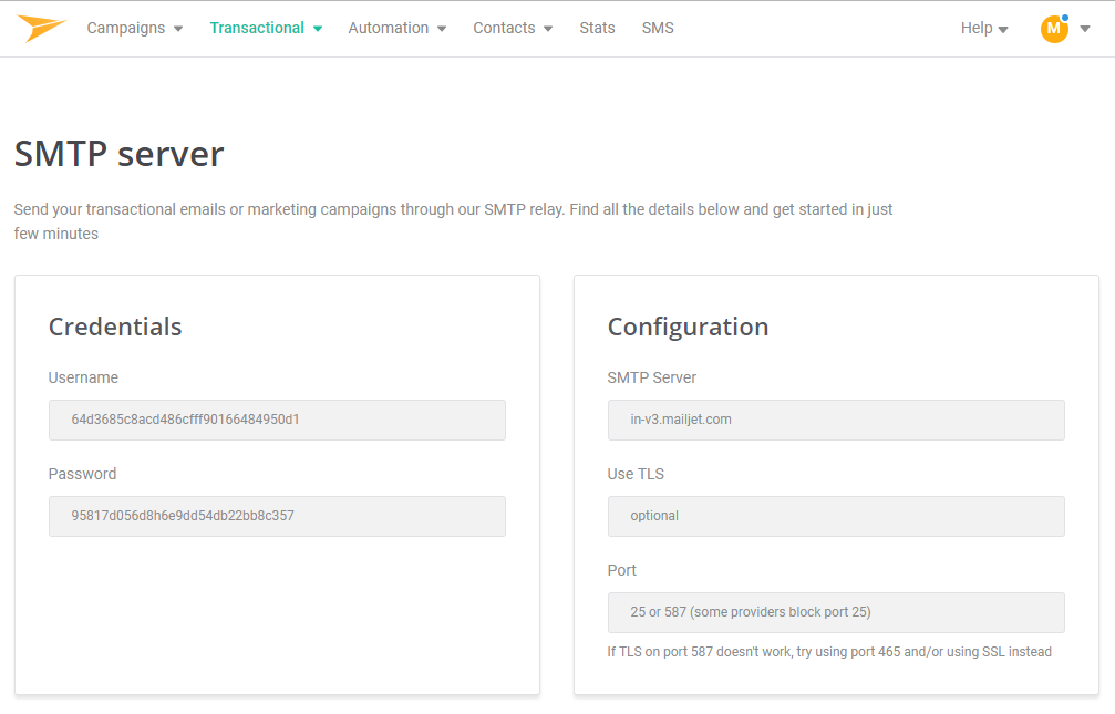 MailJet SMTP settings