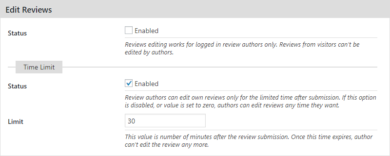 Reviews Edit Settings