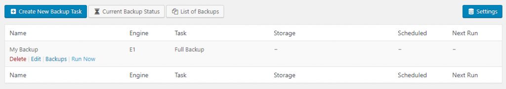 List of backup tasks