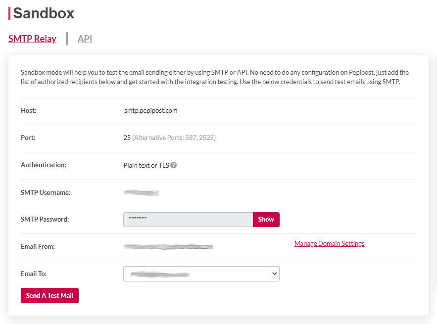 PepiPost SMTP settings